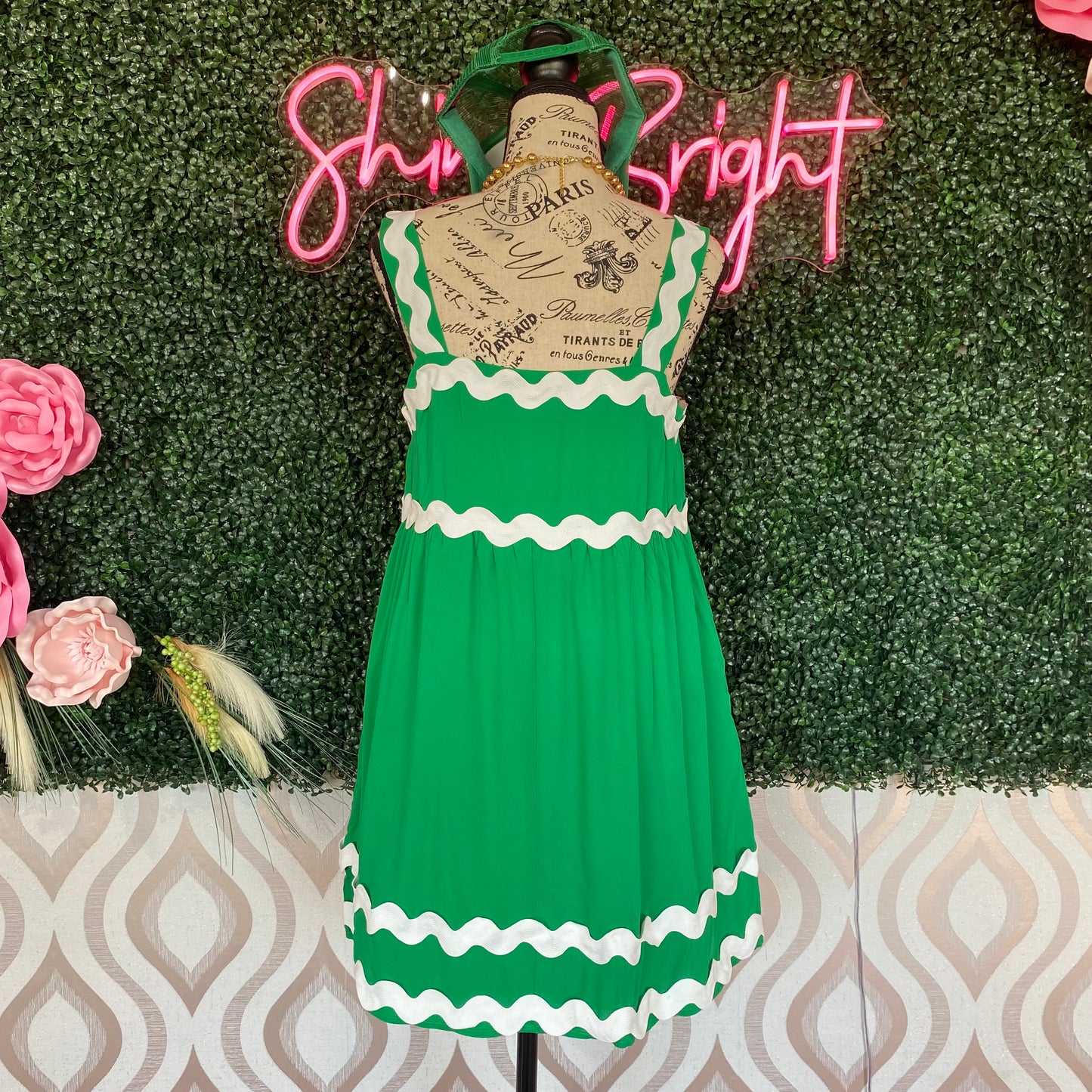A1299 Green Dress with White Rickrack Trim