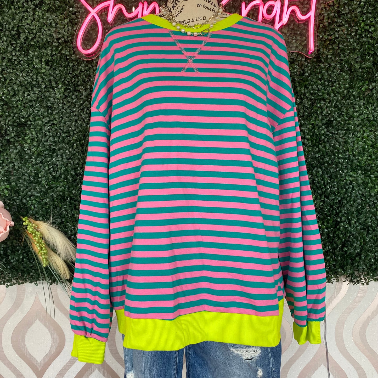 A1372 Pink and teal striped long sleeve top