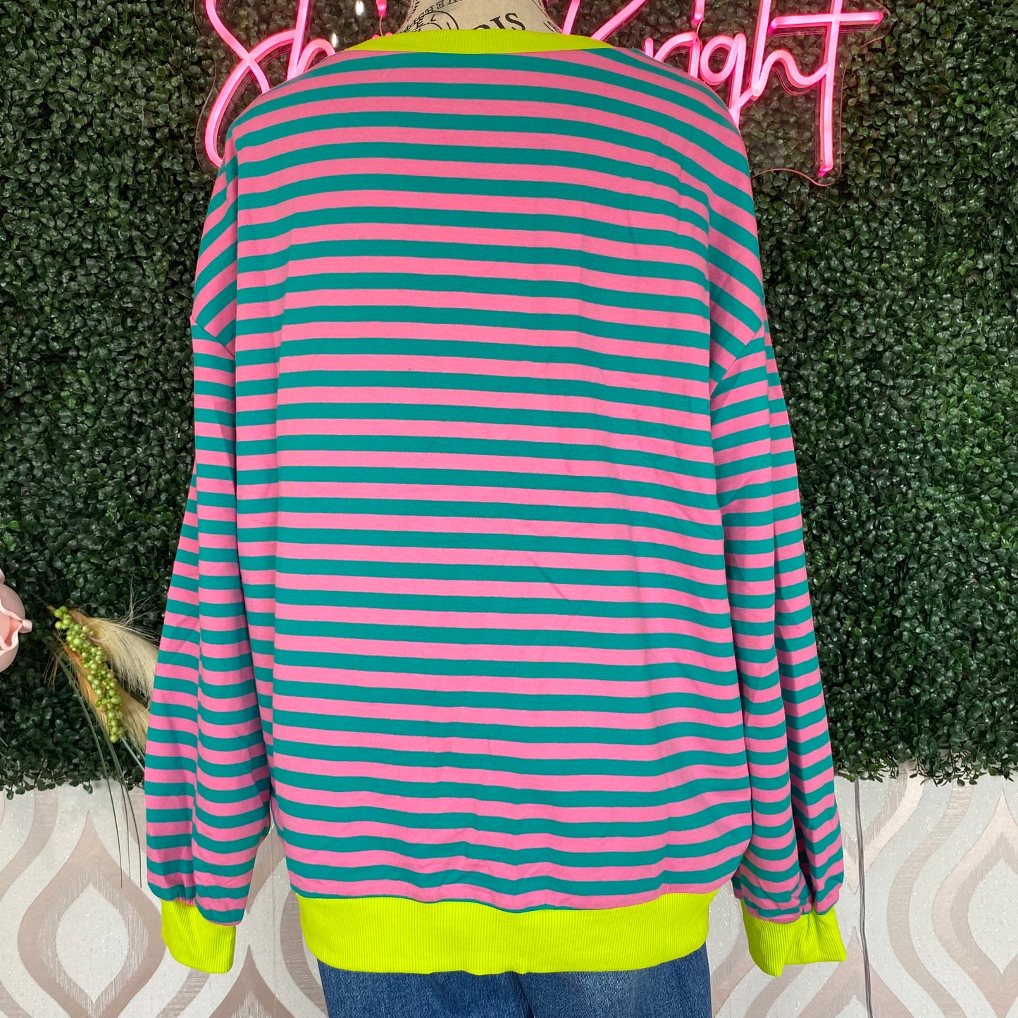 A1372 Pink and teal striped long sleeve top