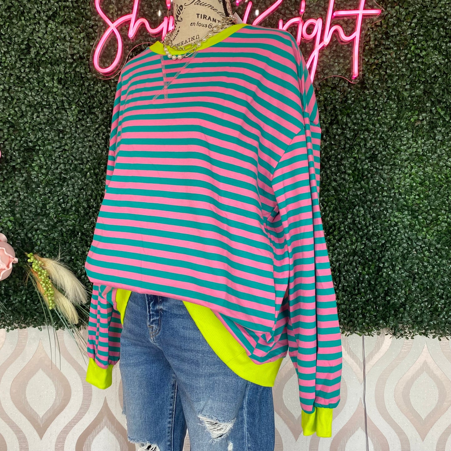 A1372 Pink and teal striped long sleeve top