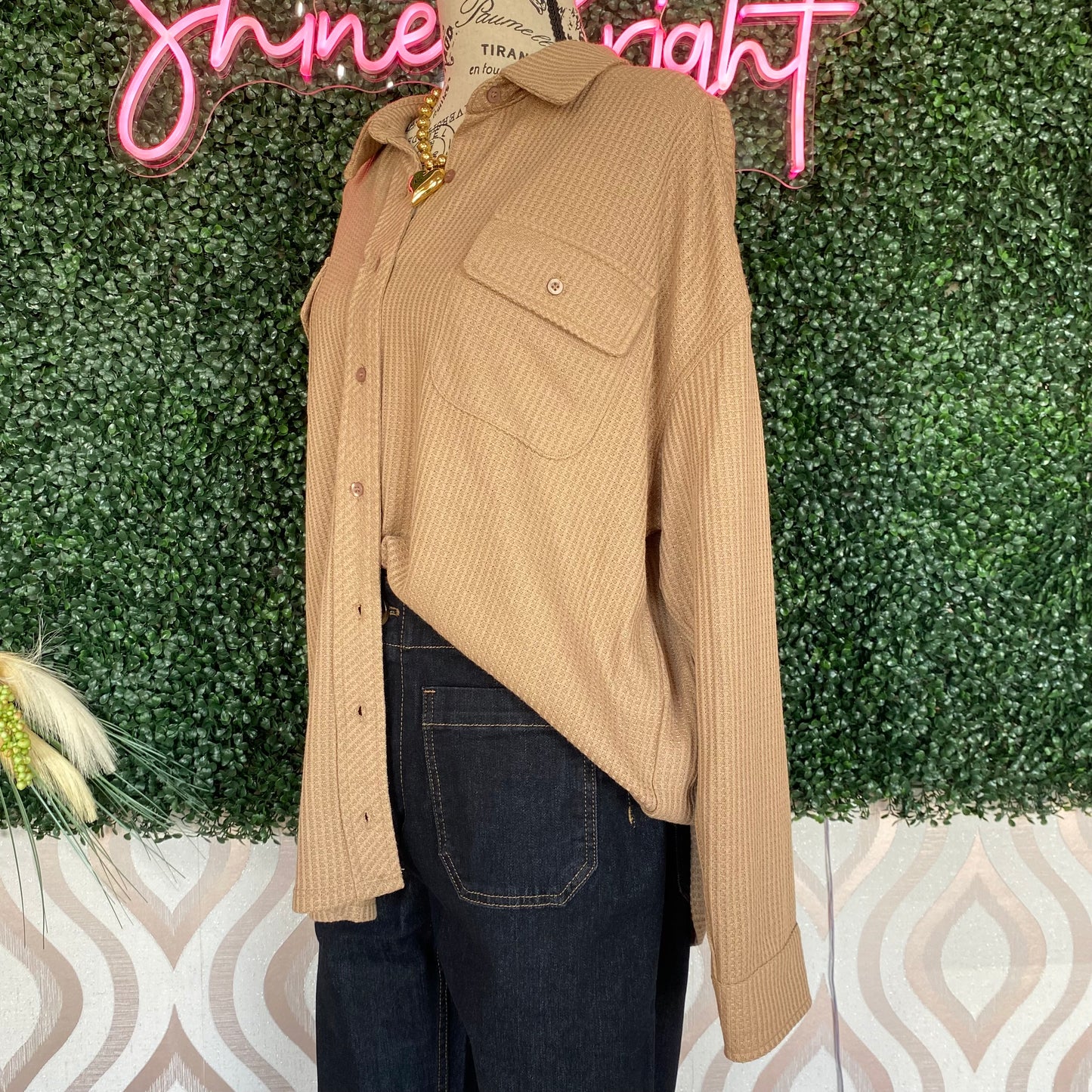 A1197 Tan Waffle Long Sleeve Top