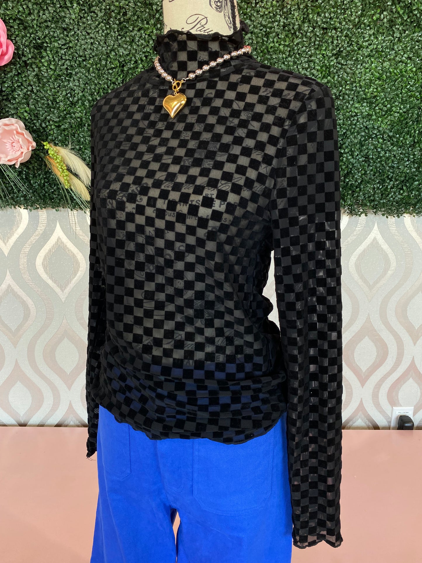 A1352 Black checkered mesh turtleneck