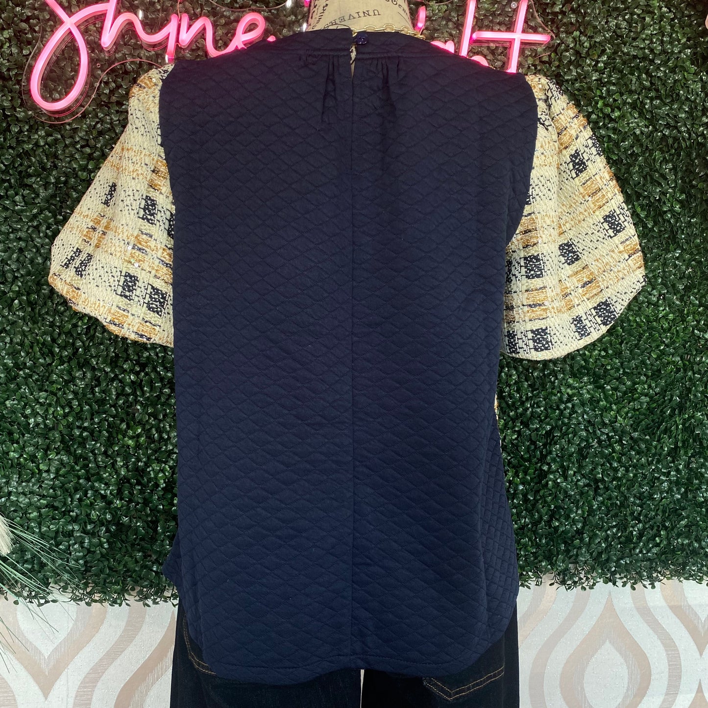 A1374 Sparkly plaid bubble sleeve top