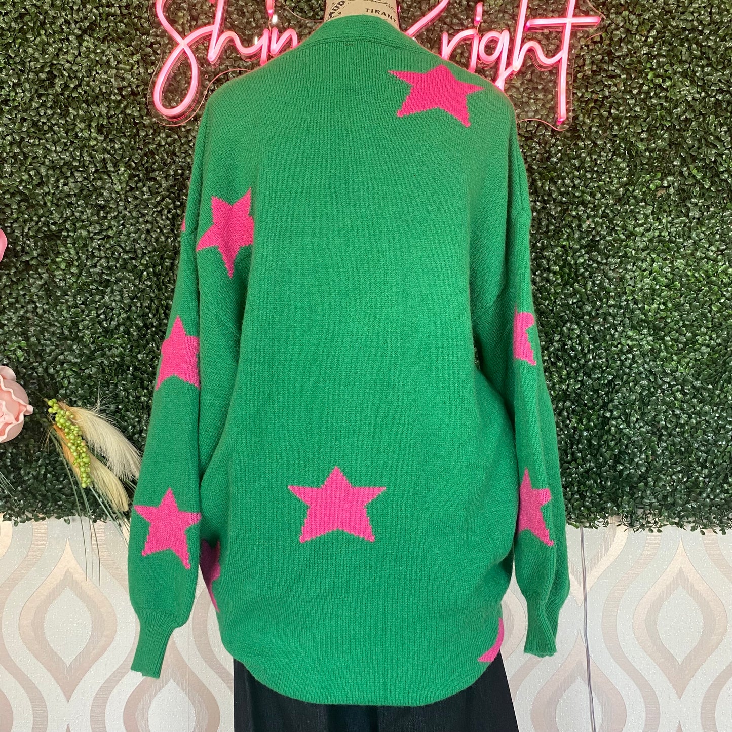 A1266 Green w/Pink Stars Long Cardigan