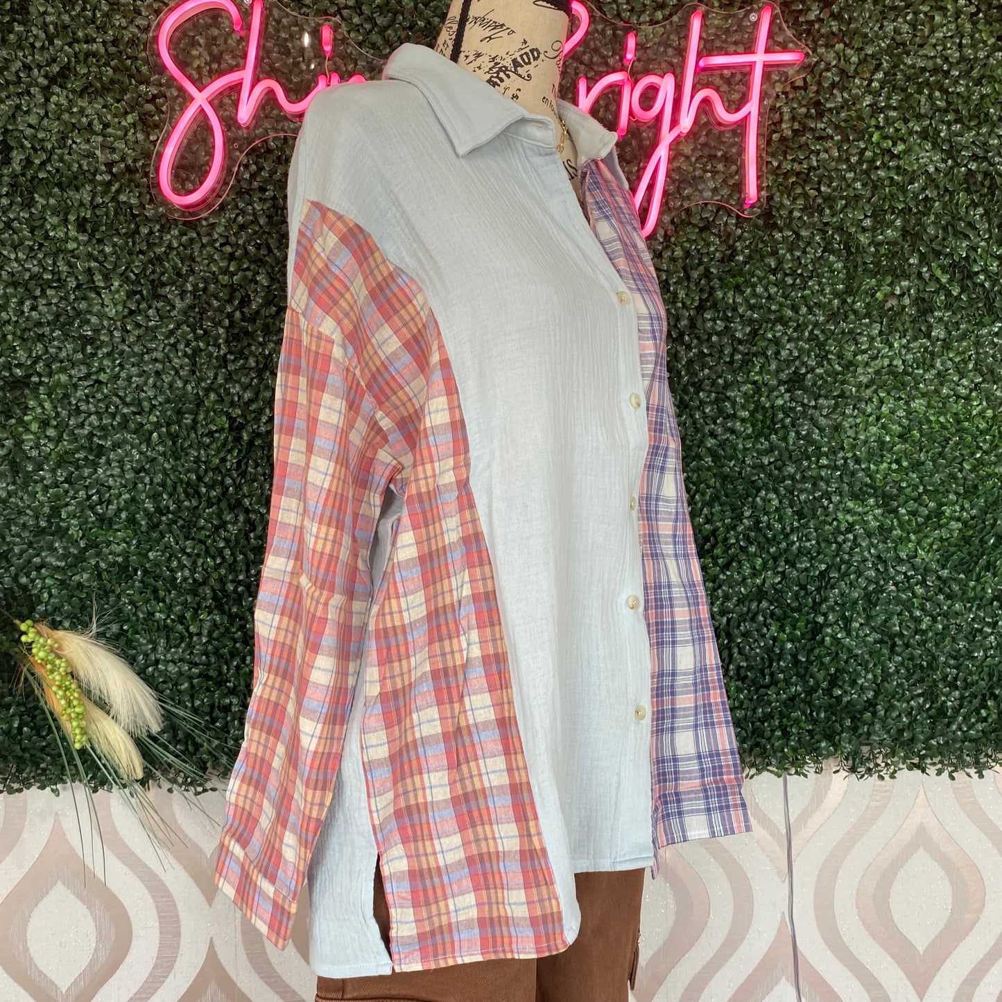 A1371 Plaid block button down top