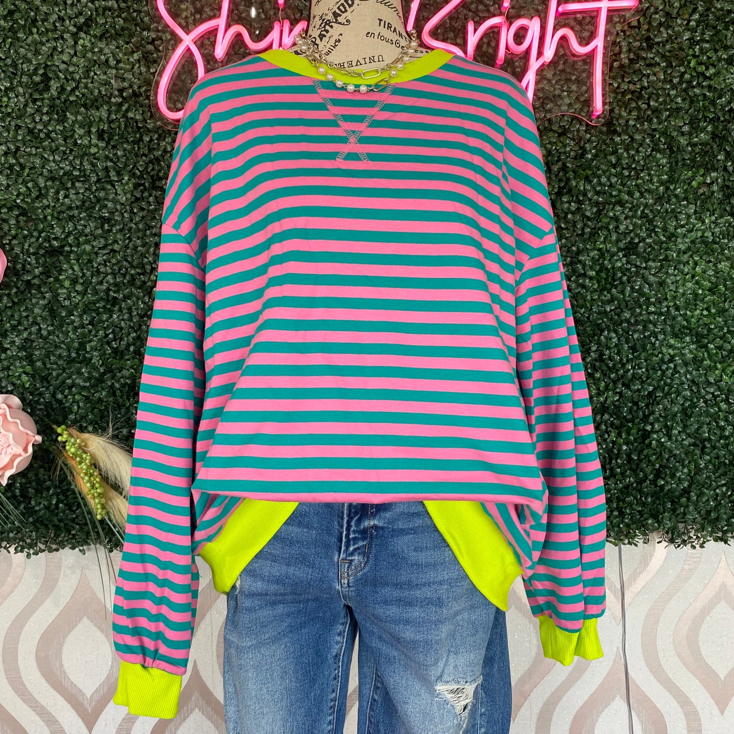 A1372 Pink and teal striped long sleeve top