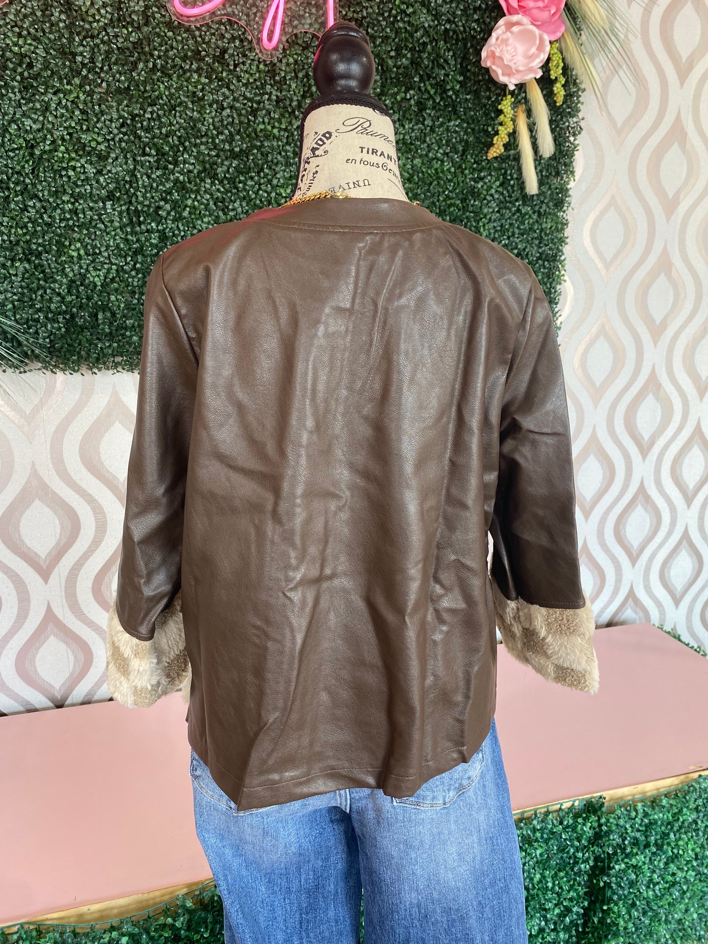 A1359 Faux leather jacket with checkered fur accent