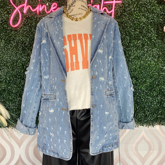 A1277 Denim Distressed Blazer