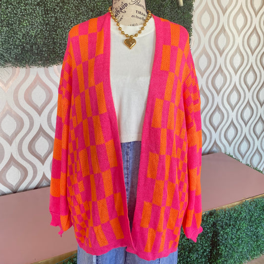 A1343 Pink and orange checkered cardigan