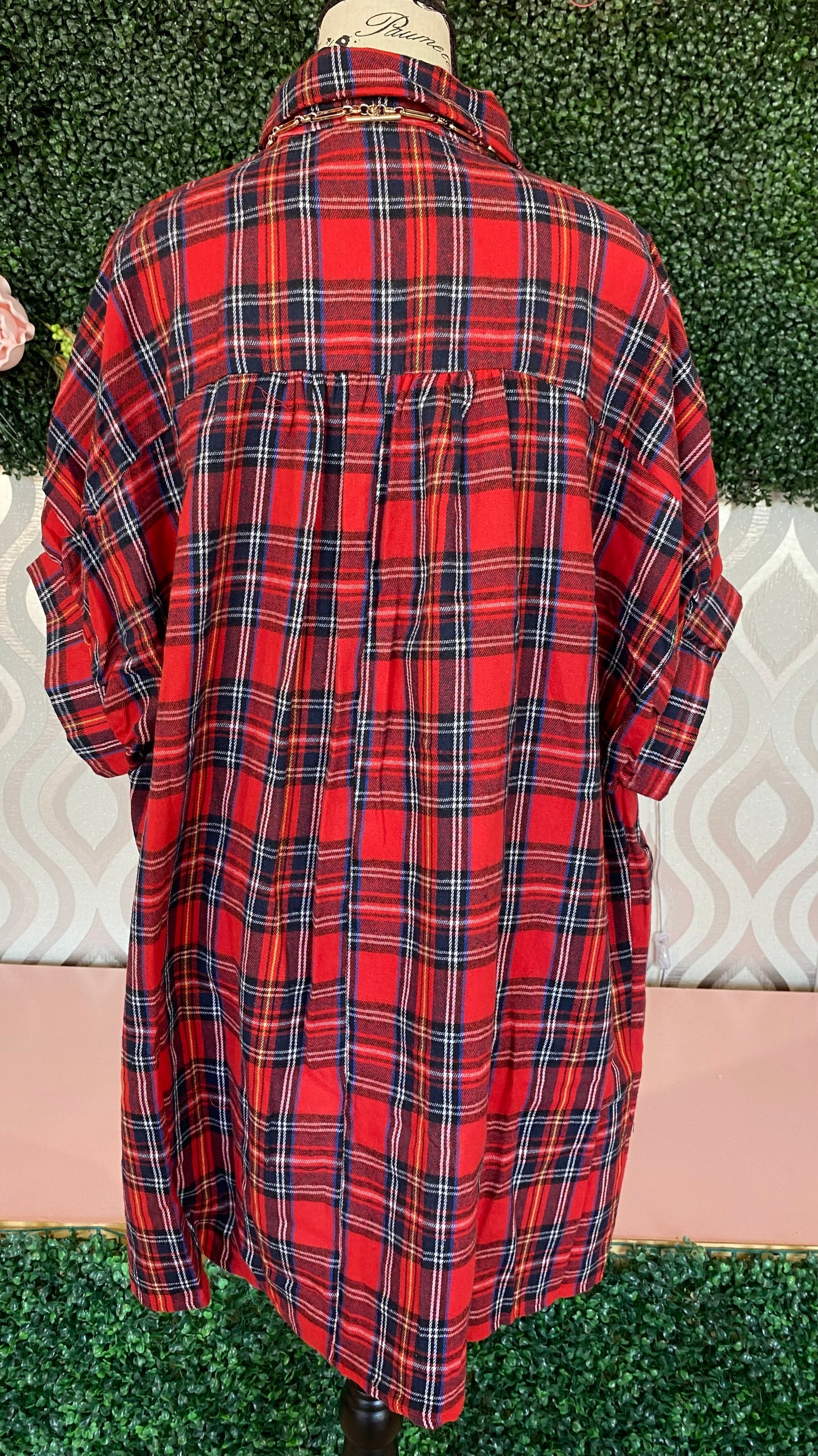 A1355 Red plaid button down dress