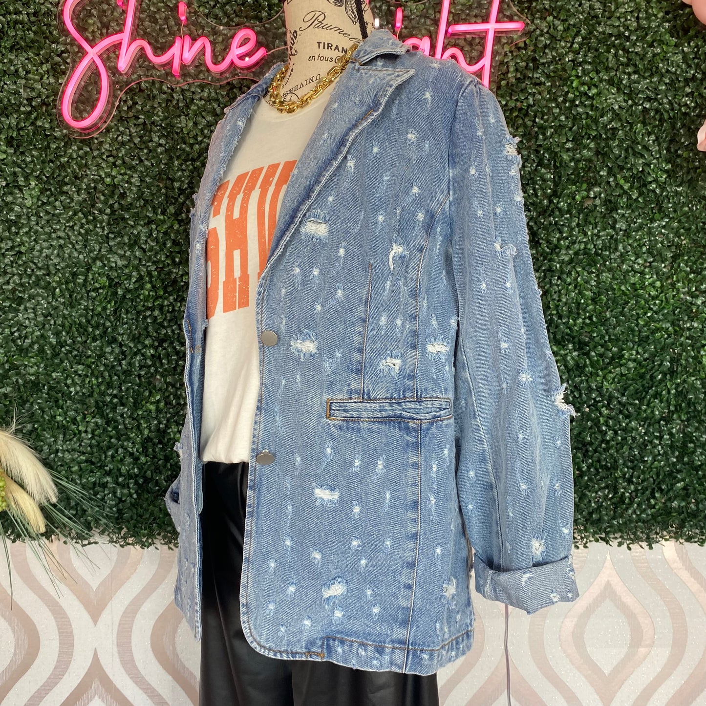 A1277 Denim Distressed Blazer