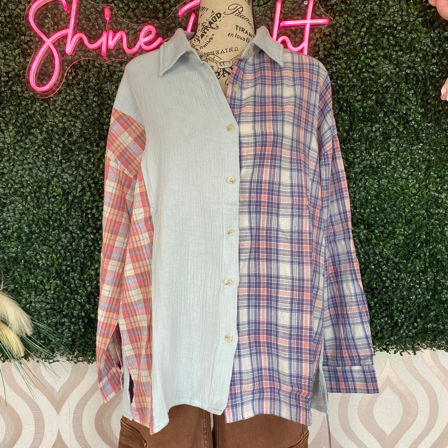 A1371 Plaid block button down top