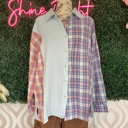 A1371 Plaid block button down top