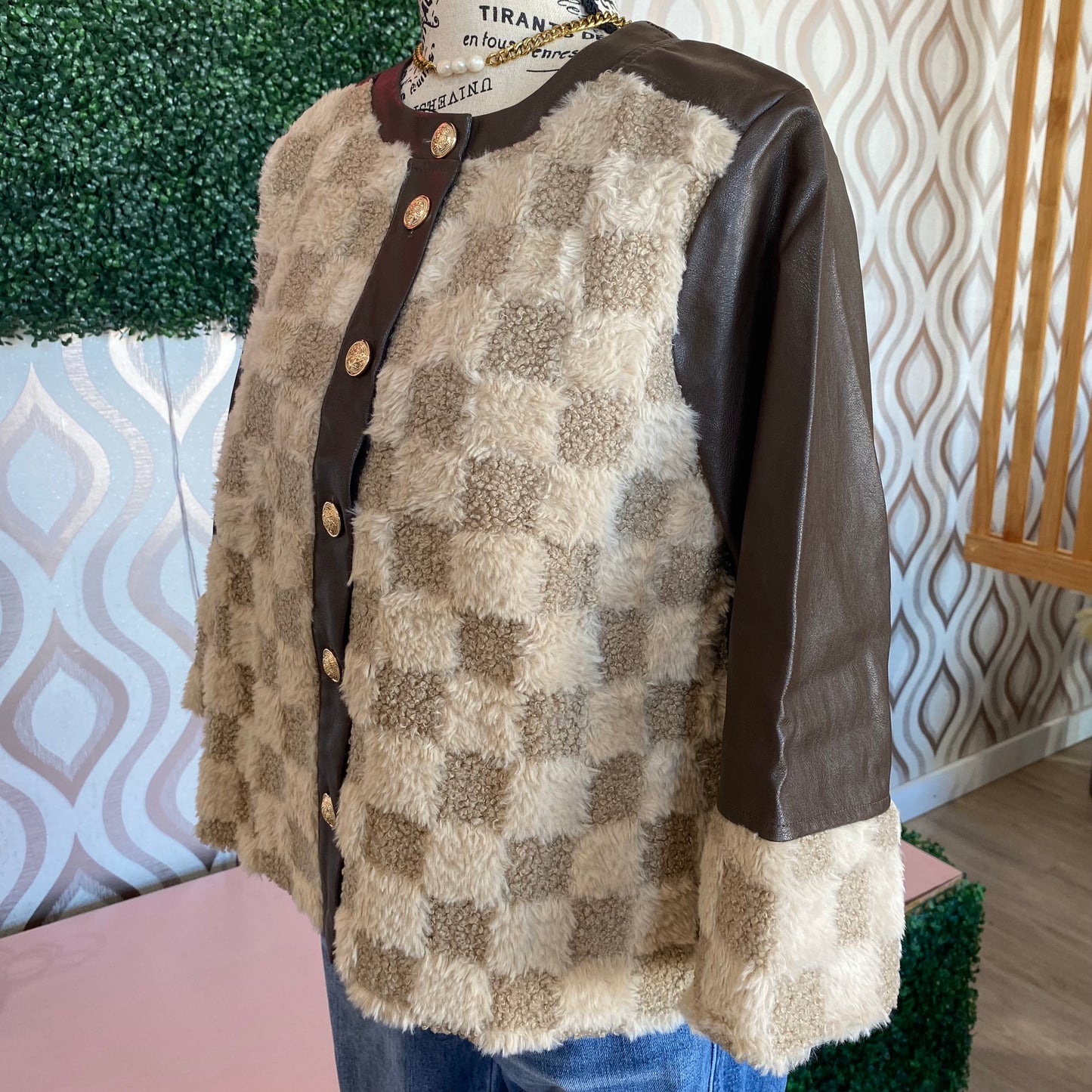 A1359 Faux leather jacket with checkered fur accent