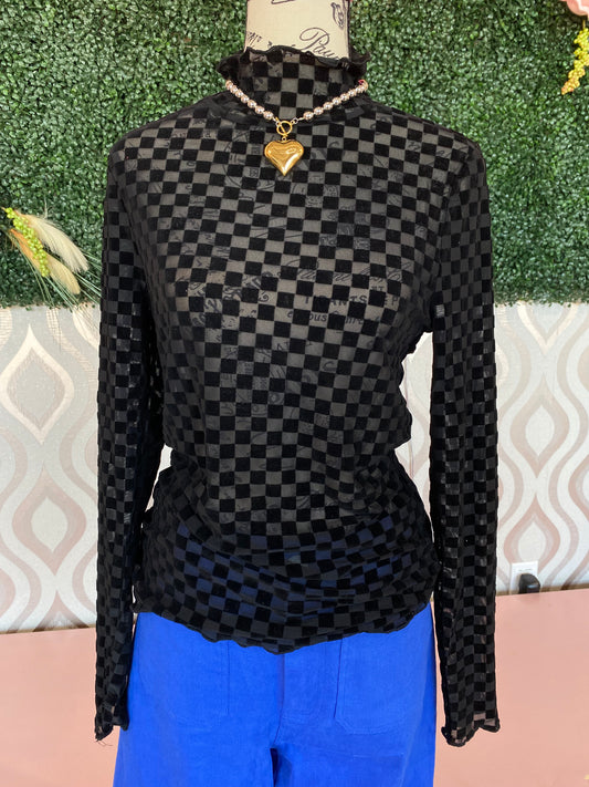 A1352 Black checkered mesh turtleneck