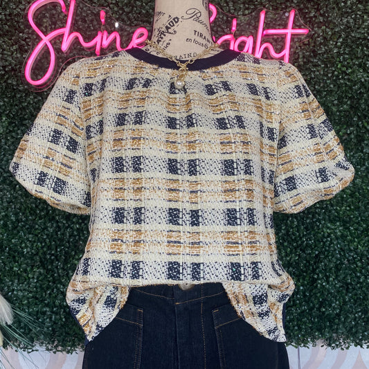 A1374 Sparkly plaid bubble sleeve top