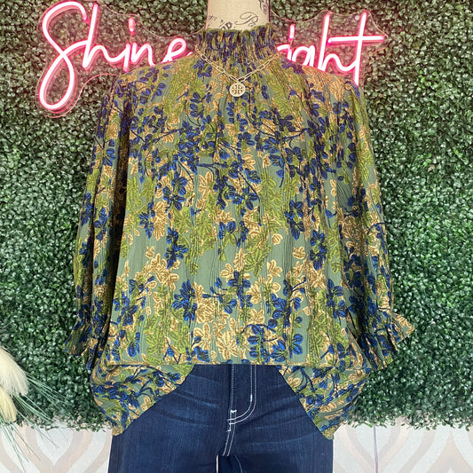 A1376 Green mock neck floral top