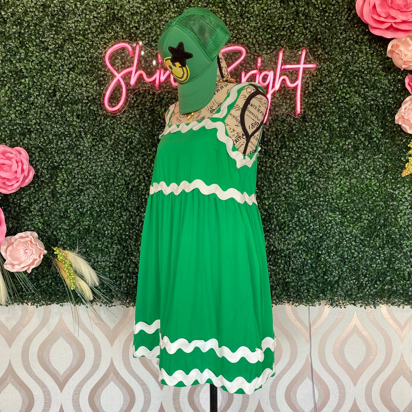 A1299 Green Dress with White Rickrack Trim