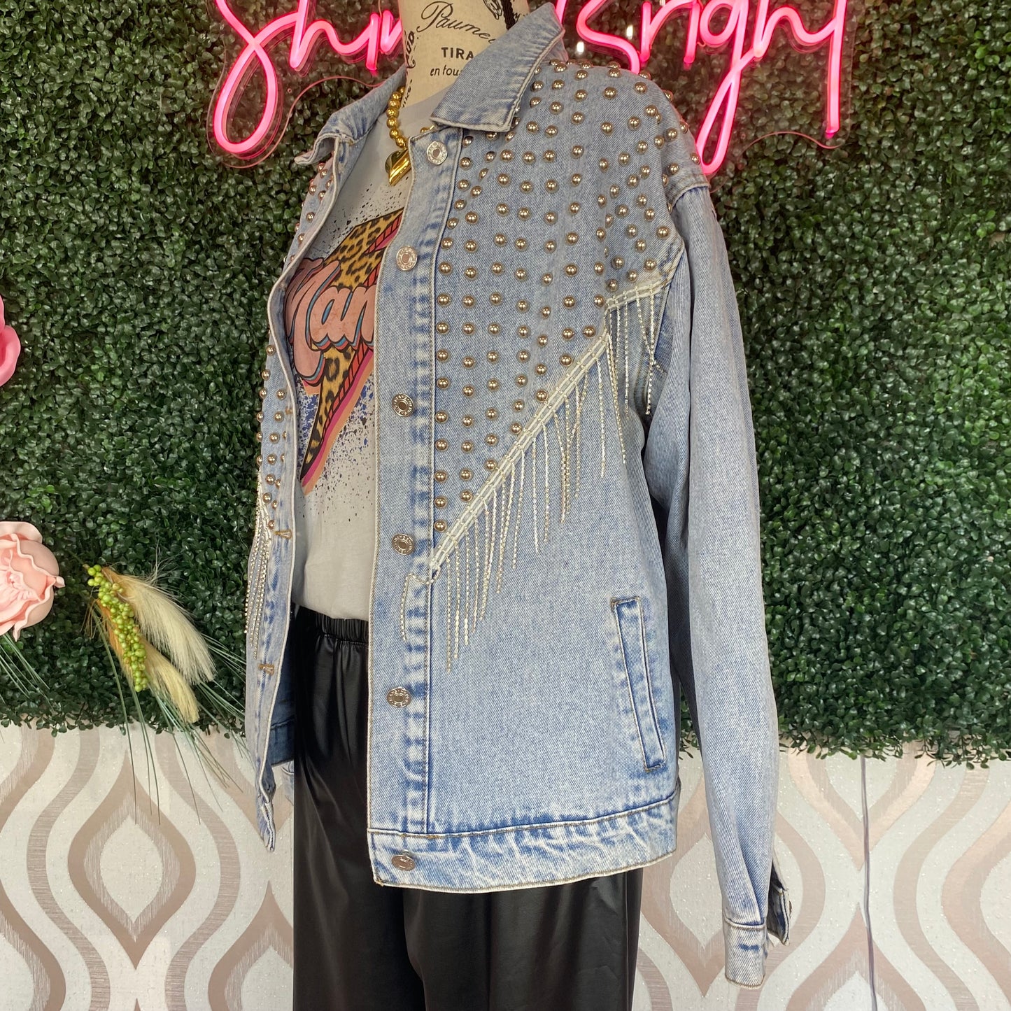 A1265 Denim Studded Jacket w/Fringe