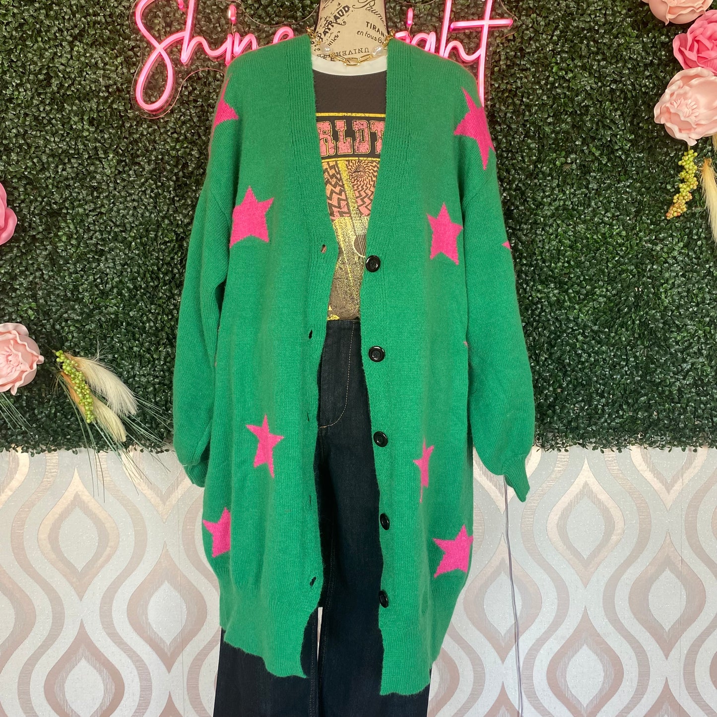 A1266 Green w/Pink Stars Long Cardigan