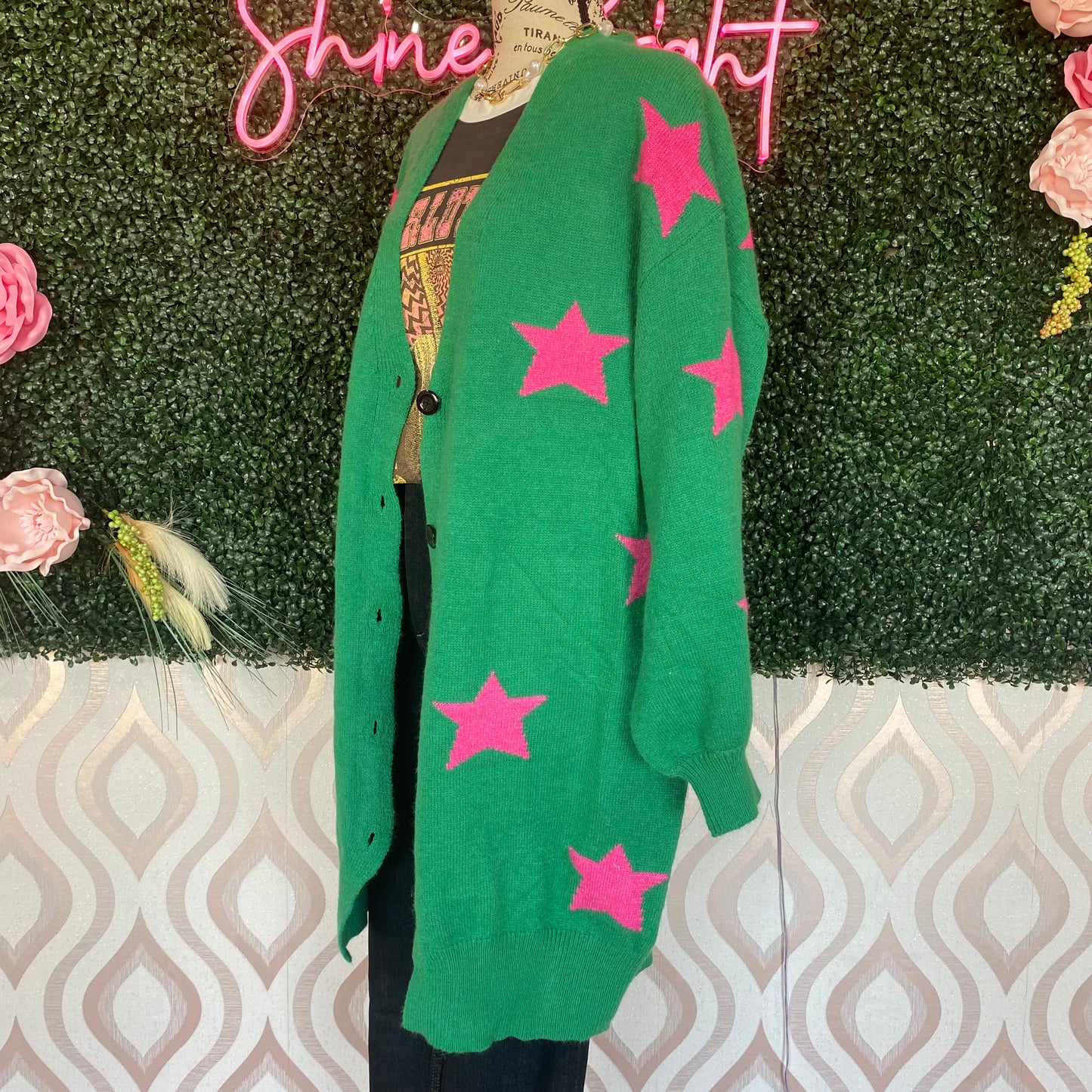 A1266 Green w/Pink Stars Long Cardigan