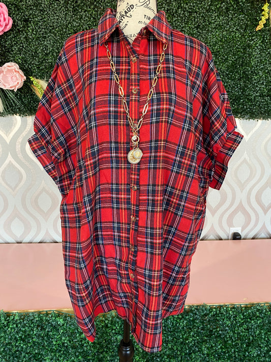 A1355 Red plaid button down dress