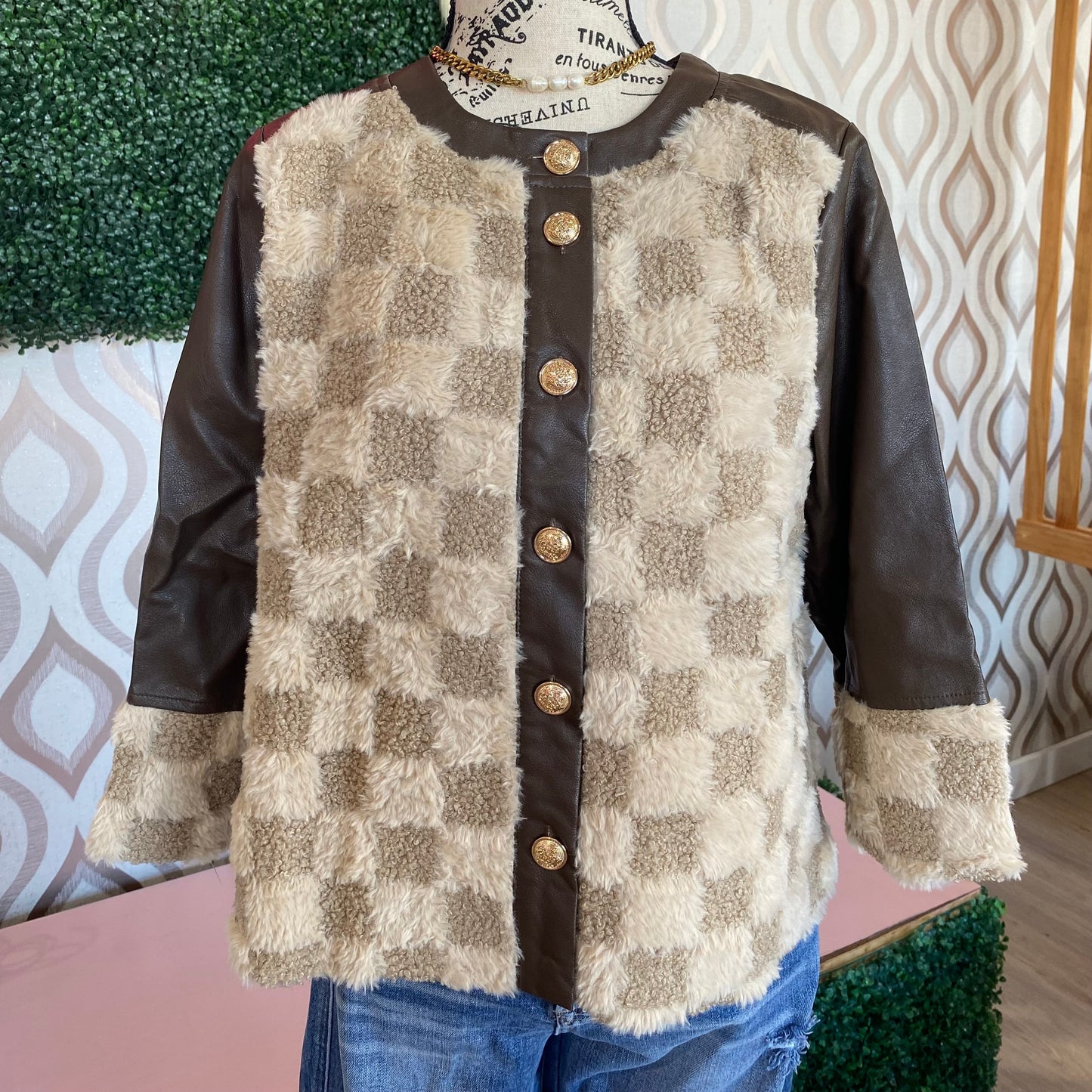 A1359 Faux leather jacket with checkered fur accent