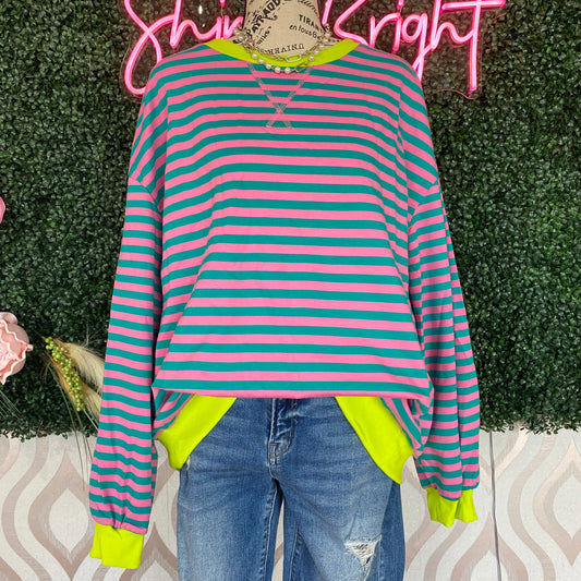 A1372 Pink and teal striped long sleeve top