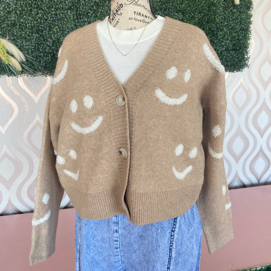 A1345 Mocha smiley face cardigan