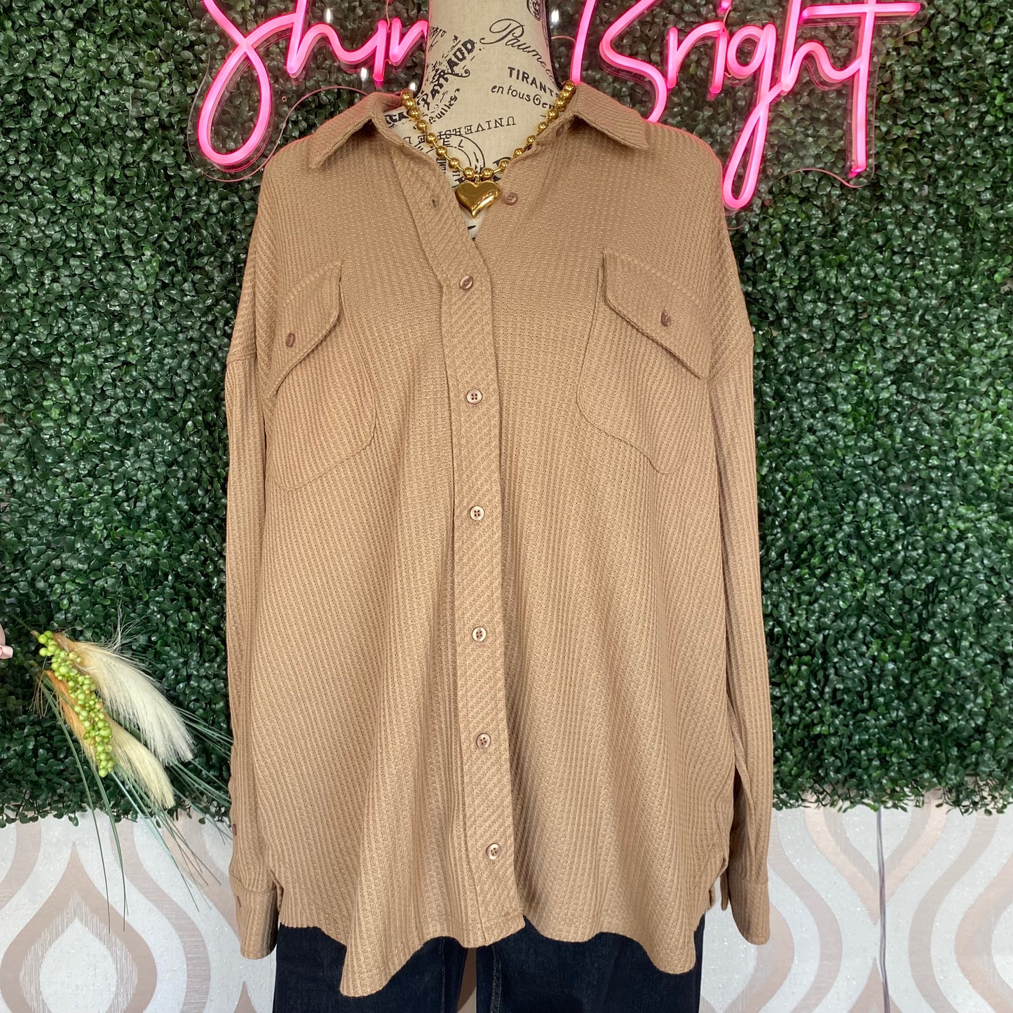 A1197 Tan Waffle Long Sleeve Top