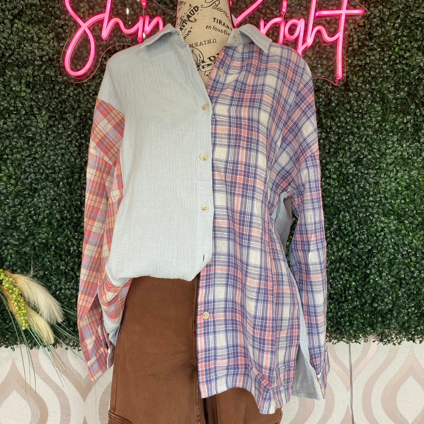 A1371 Plaid block button down top