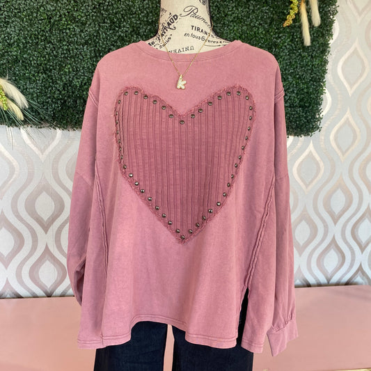 A1361 Pink heart patched pullover