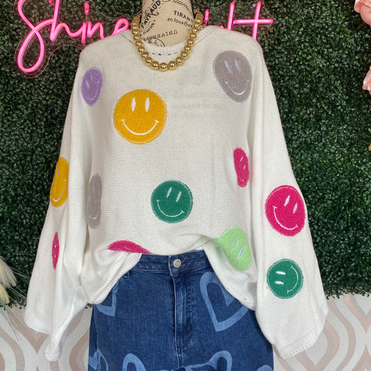 A1293 White Smiley Face Sweater